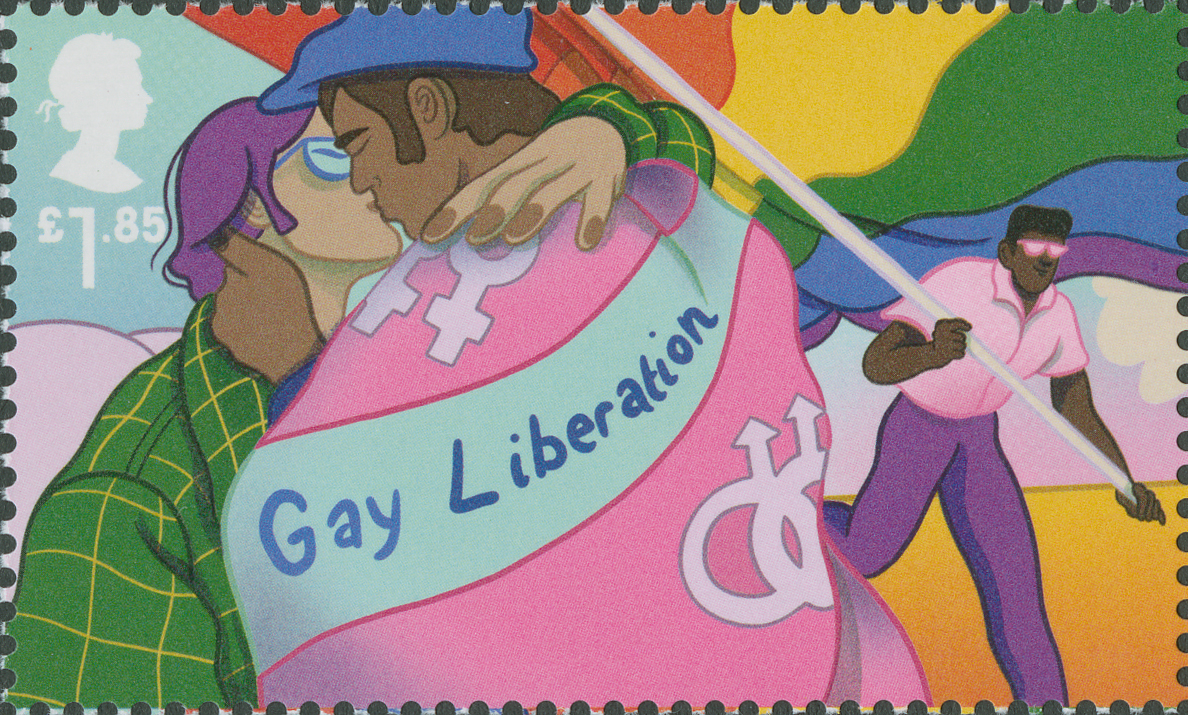 A scan of an illustrated stamp, showing a couple kissing. One of them is wearing a large pink and blue flag, saying the words 'Gay Liberation'. A man in the distance is holding a large rainbow Pride flag.