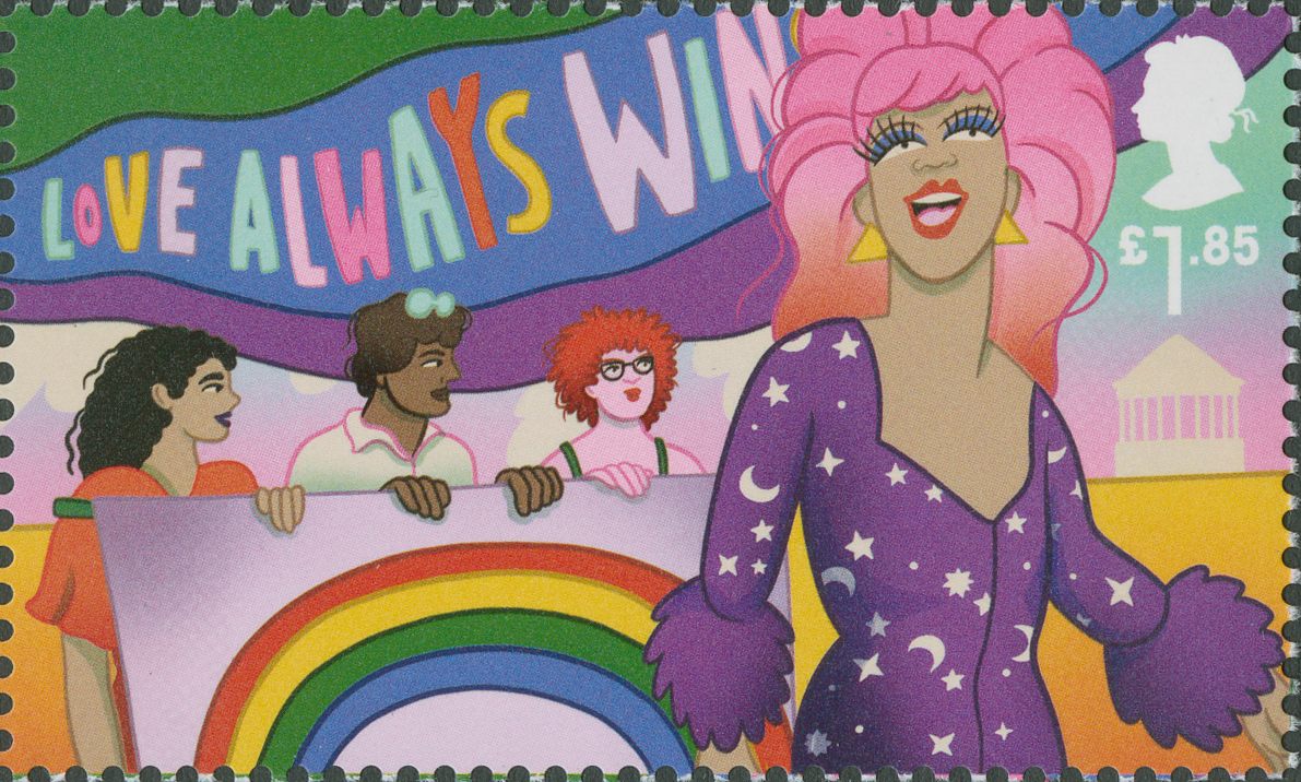 A scan of an illustrated stamp, showing a row of people holding up a large poster of a rainbow. In the background a large multicoloured banner says the words 'Love always wins.'