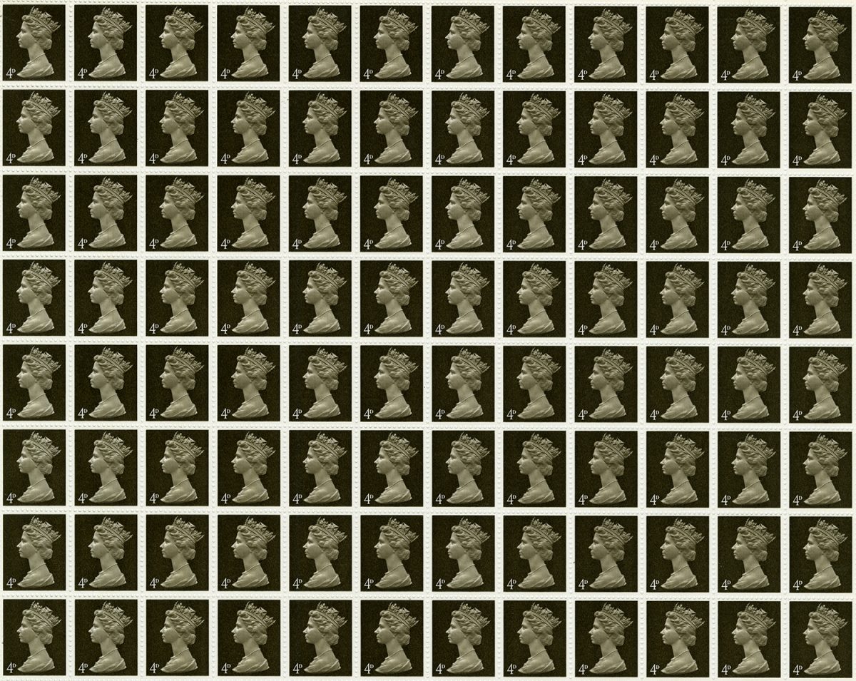 A photo showing part of a sheet of dark sepia-coloured stamps featuring the Queen. Each stamp has the value '4d' in the corner.