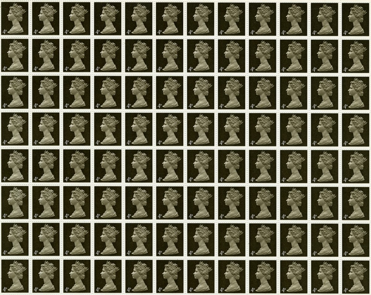 A photo showing part of a sheet of dark sepia-coloured stamps featuring the Queen. Each stamp has the value '4d' in the corner.