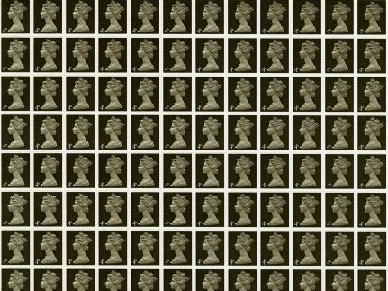 A photo showing part of a sheet of dark sepia-coloured stamps featuring the Queen. Each stamp has the value '4d' in the corner.