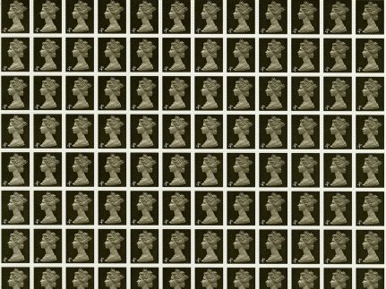 A photo showing part of a sheet of dark sepia-coloured stamps featuring the Queen. Each stamp has the value '4d' in the corner.