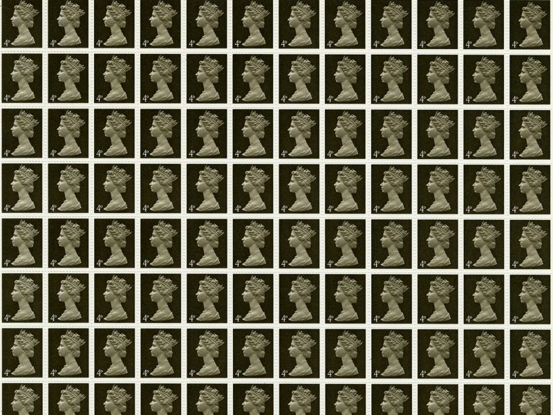 A photo showing part of a sheet of dark sepia-coloured stamps featuring the Queen. Each stamp has the value '4d' in the corner.