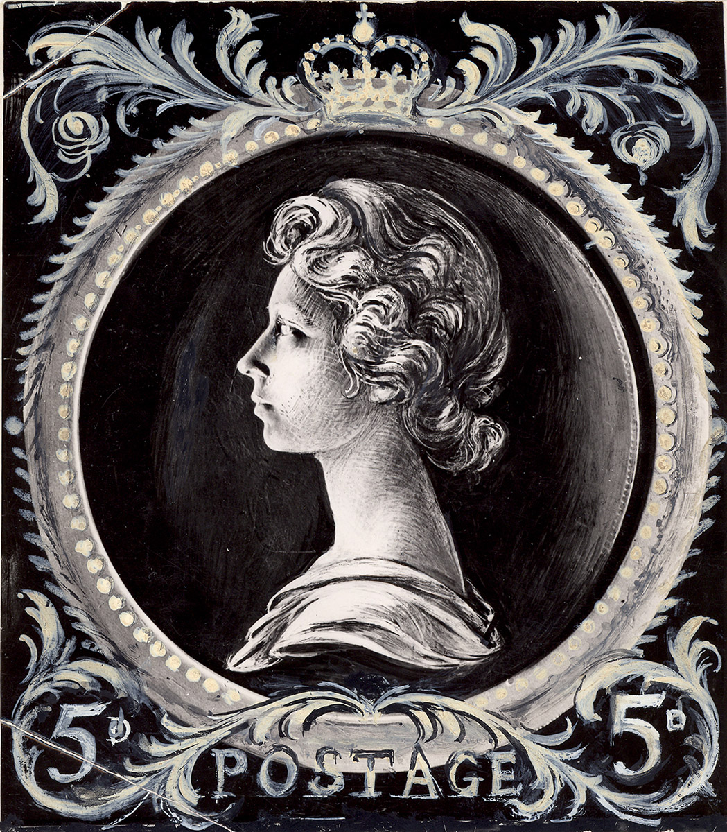 A scan of a black and white drawing, showing a side profile of a young Queen Elizabeth. The drawing has the word 'Postage' along the bottom edge, and '5d' in the bottom right corner.