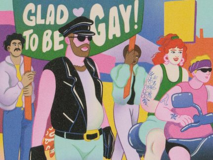 Featured image. A scan of an illustrated stamp, showing a group of people in the middle of a march. Two of them are holding up a sign saying the words 'Glad to be gay'.