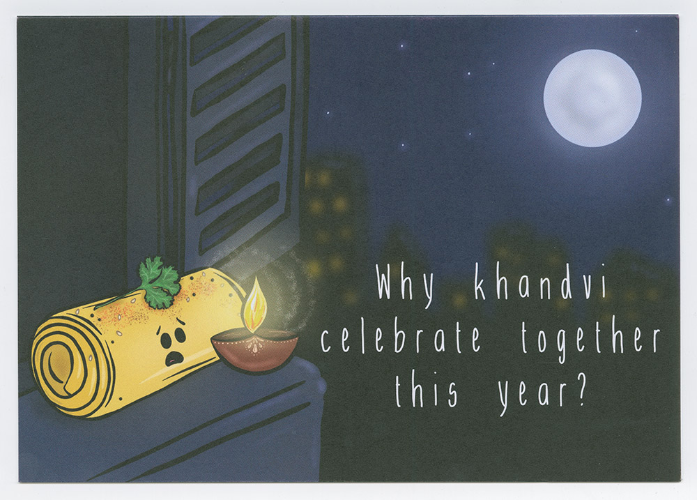 Diwali card designed by The Taste Buds and distributed through Thortful. The front of the card features an illustration of an anthropomorphised khandvi [indian savoury snack] with a sad facial expression, sat next to an oil lamp. The accompanying printed text reads 'Why khandvi / celebrate together / this year?'