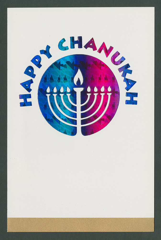 Hanukkah card. Card has a white background and a gold border. At the bottom is a blue and pink sparkling circle with eight smaller white candles, and one larger white candle in the centre. Around the circle is the message: 'Happy Chanukah'.