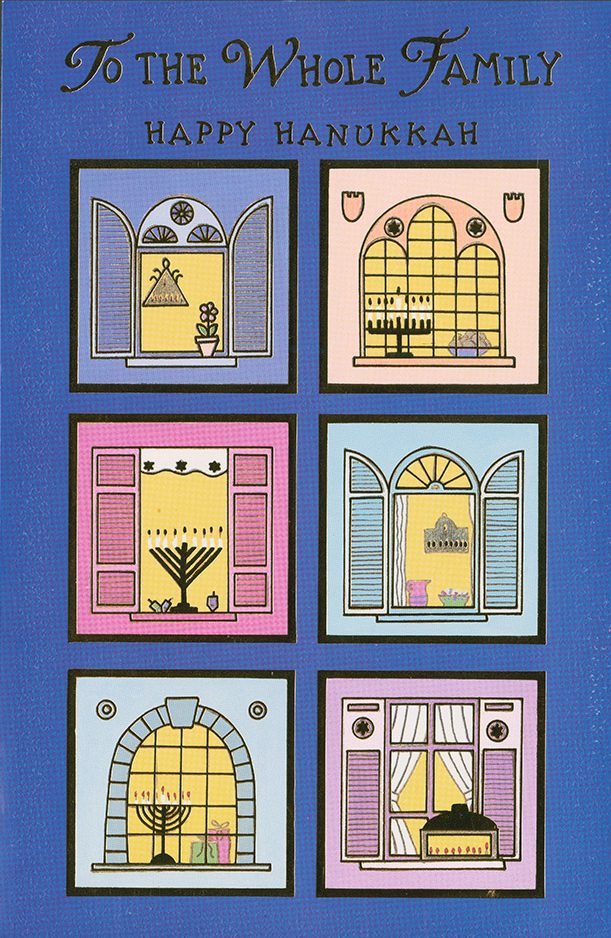 Hanukkah card depicting a blue background with six window scenes in pale blue, violet and yellow colours. Each window shows candles and sweets. Message on the front reads: 'To the whole family - Happy Hanukkah'.