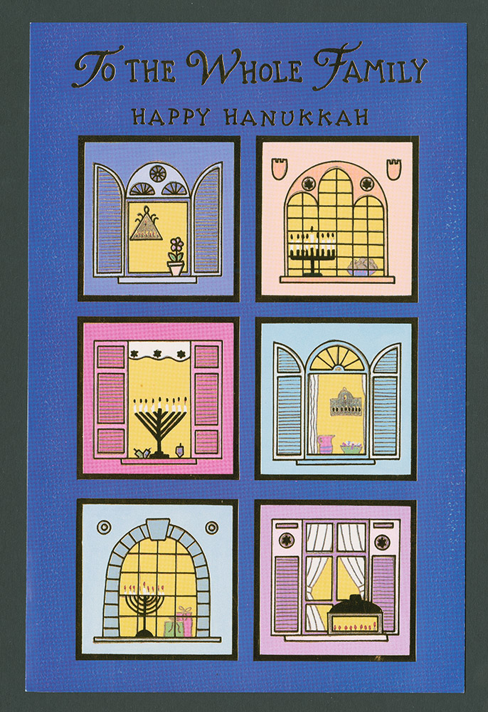 Hanukkah card depicting a blue background with six window scenes in pale blue, violet and yellow colours. Each window shows candles and sweets. Message on the front reads: 'To the whole family - Happy Hanukkah'.