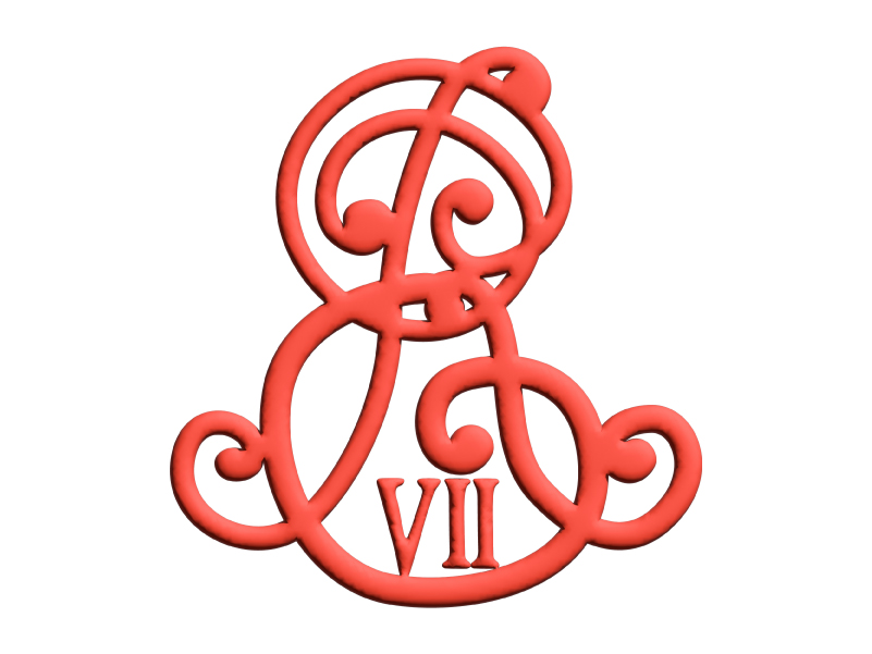 A red illustrated cypher, showing the letters 'ER VII' in a curling, elaborate font.