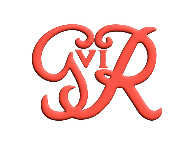 An illustration of the letters 'GR VI' in large, curling red font. The letters 'VI' are smaller, in between the larger letters G and R.