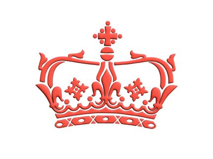 A red illustration showing the outline of an elaborate crown design.