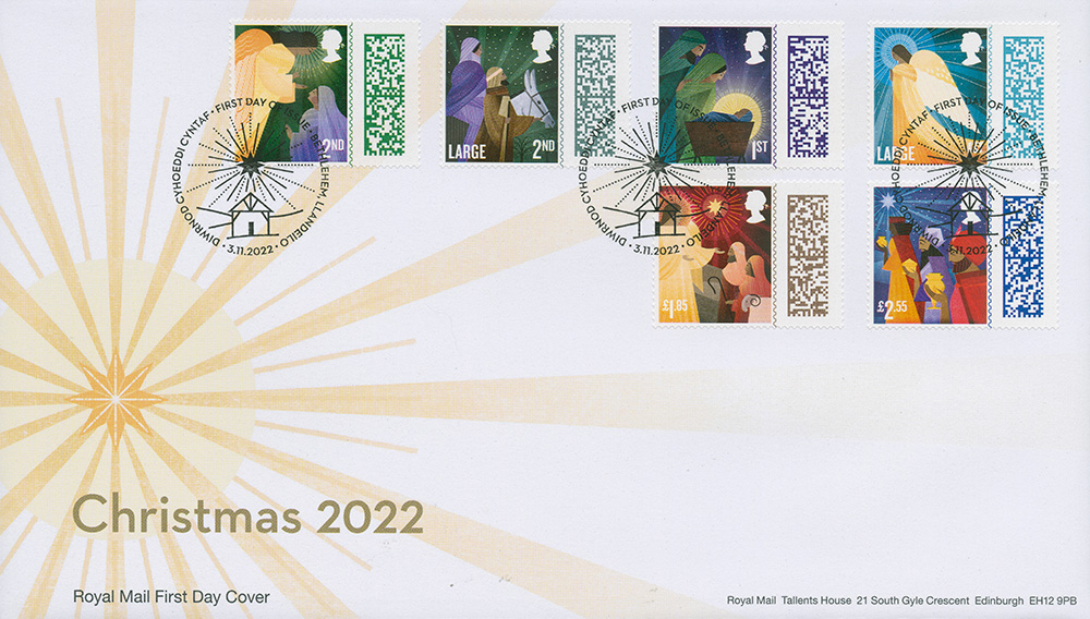 A scan of an envelope with 'Christmas 2022' printed on it, with six illustrated Christmas stamps showing the profile of Queen Elizabeth II.