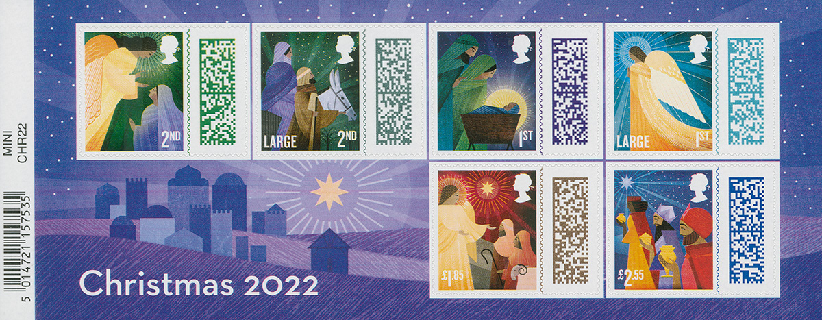 A miniature sheet with an illustrated background and the words 'Christmas 2022', showing a festive night scene and six illustrated stamps with scenes from the Nativity.