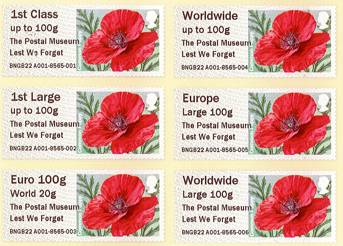 Scans showing remembrance Post and Go stamps at The Postal Museum, with an illustration of a red poppy.