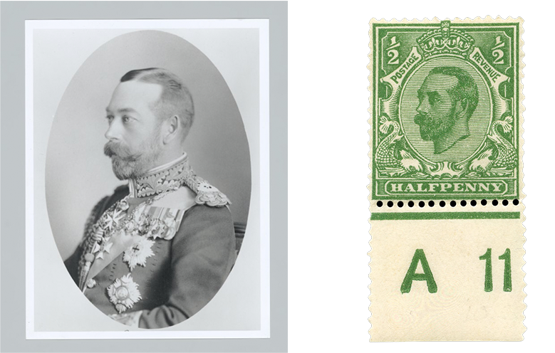 A black and white photograph of the King wearing a very formal outfit adorned with medals. You can see both his eyes. He has a thick beard and moustache with curled tips. His stamp, next to his portrait is green and says 'halfpenny' at the bottom.