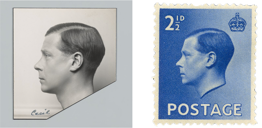 A side by side comparison of the photograph of the King that inspired the blue postage stamp.