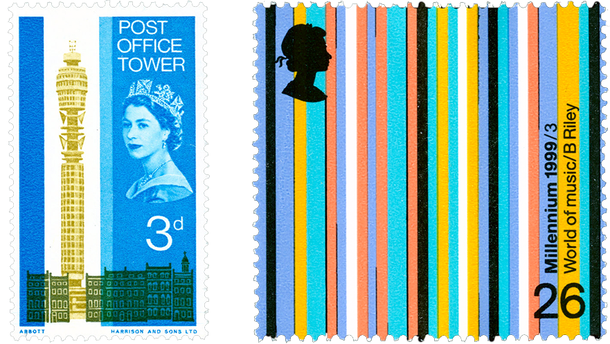 Two brightly coloured commemorative stamps, once with the post office tower and one only has colours lines on it, with a silhouette of the Queen's head in the top left hand side.