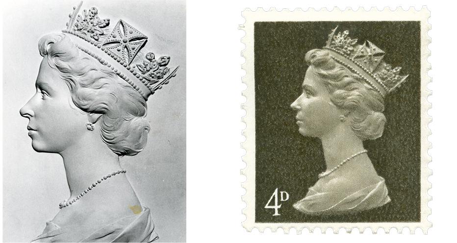 On the left we show a plaster head of HM the Queen. It is a side profile image, we can see the Queen is wearing a crown, earrings and a necklace. The Black and Sepia stamp next to the plaster image shows the same portrait of the Queen.