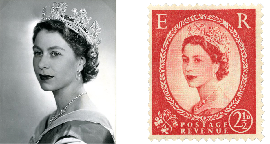 In this black and white photograph of the Queen, of her face from the neck up, she is wearing a crown, pearl earrings and a necklace. The red issued stamp is pictured next to the photograph showing a grainy image of the same portrait. 