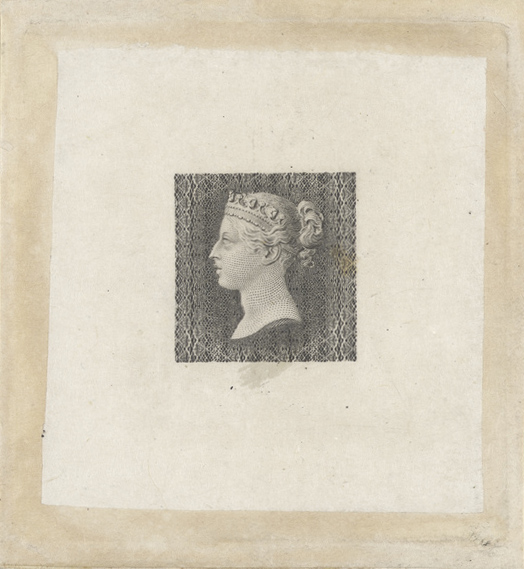 A closeup of a printed proof showing Queen Victoria's profile in black ink on old paper.