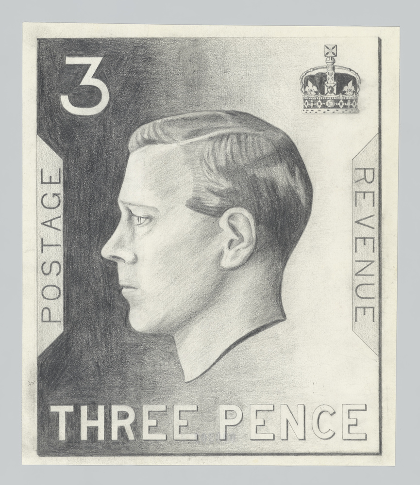 A hand drawn sketch of the side profile of the King on a stamp. The stamp text says 'Three pence' at the bottom and postage revenue down the sides.