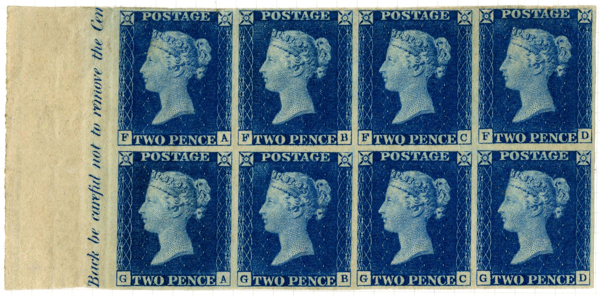 A block of eight dark blue stamps, each with a small portrait of Queen Victoria in the middle and the words 'Postage Two Pence' around this.