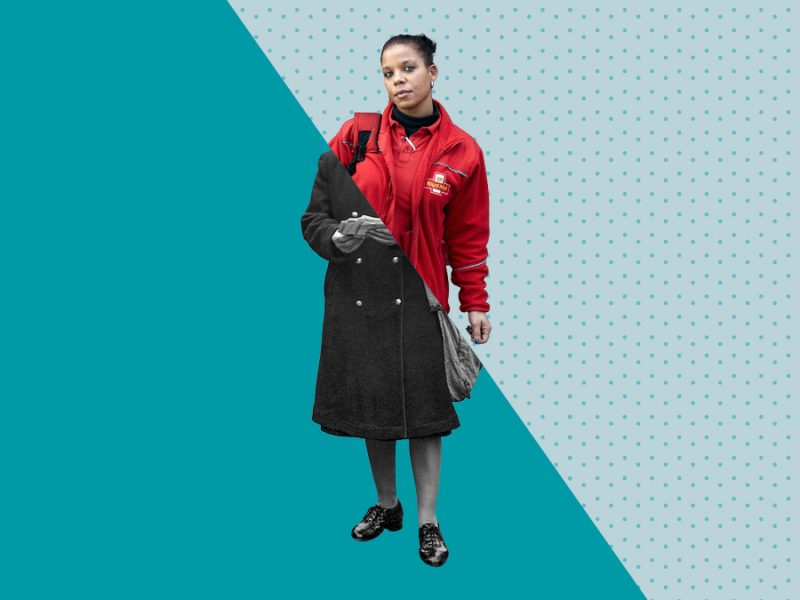 Promotional image for Dress to Deliver. A woman dressed as a postie looks at us. The image is split diagonally through the woman's body. On the bottom side, she appears to be wearing an early 20-century uniform; on the top side, she's wearing the current Royal Mail uniform