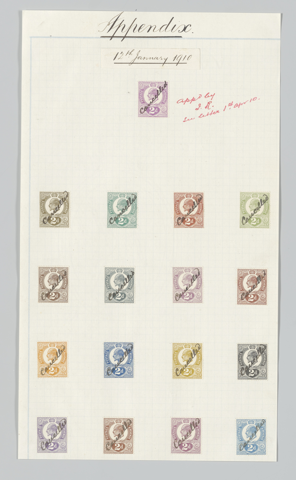 A cream sheet of paper, showing a grid of stamps printed in various colours.