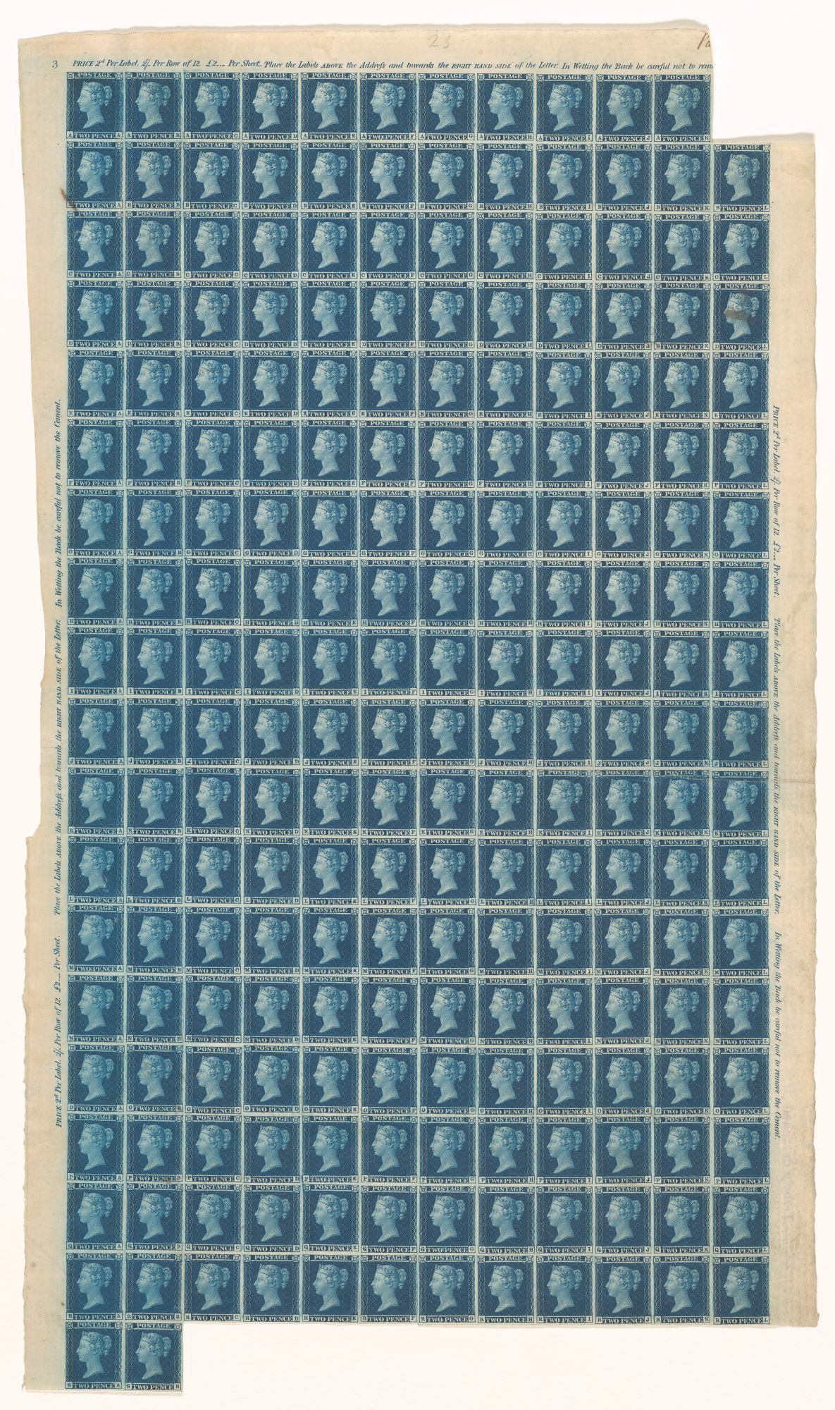 A large grid of repeating blue stamps, printed on cream paper.