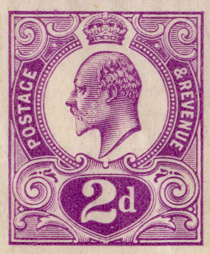 A closeup view of an individual purple stamp, with a portrait of King Edward VII in the middle with a crown, and the words 'Postage & Revenue 2d' around the portrait.