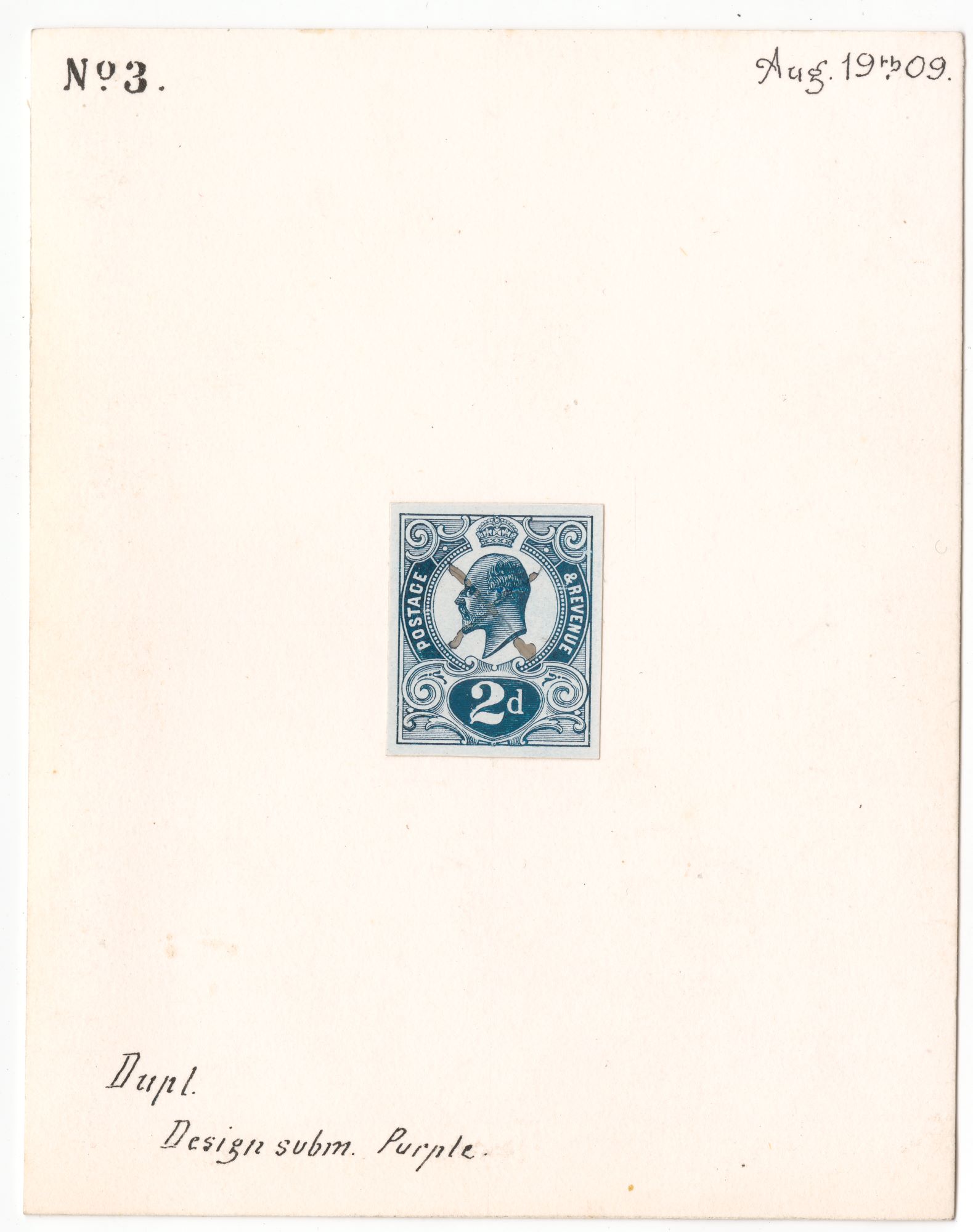 A small print of a blue stamp in the centre of a large sheet of paper. The letters '2d' are at the bottom of the stamp, just below a portrait of a king.