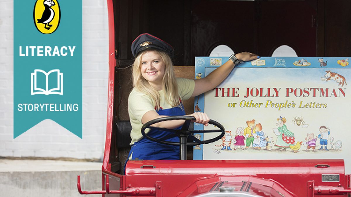 Skills: Literacy, storytelling. In the background, Rosie sits smiling on a red van. She is next to a huge book titled 'The Jolly Postman'.