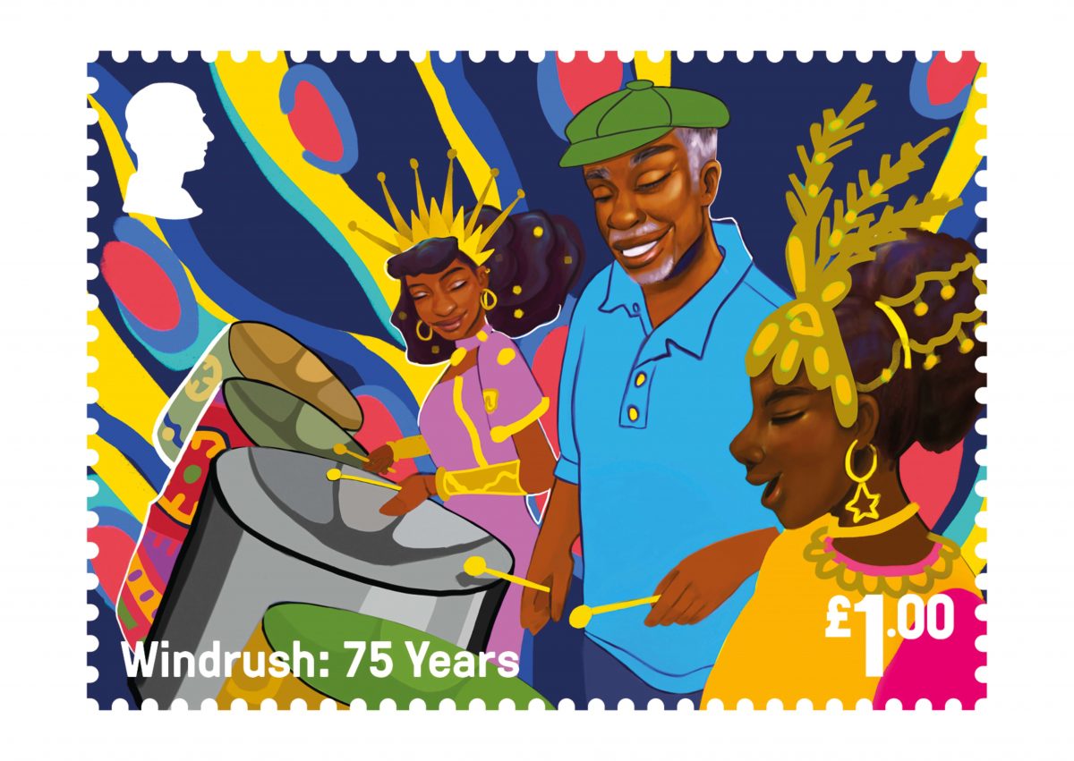 This vibrant, colourful stamp embodies the essence of Carnival. Black Caribbean men and women can be seen dancing and playing Steel Drums.