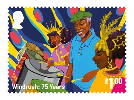 This vibrant, colourful stamp embodies the essence of Carnival. Black Caribbean men and women can be seen dancing and playing Steel Drums.