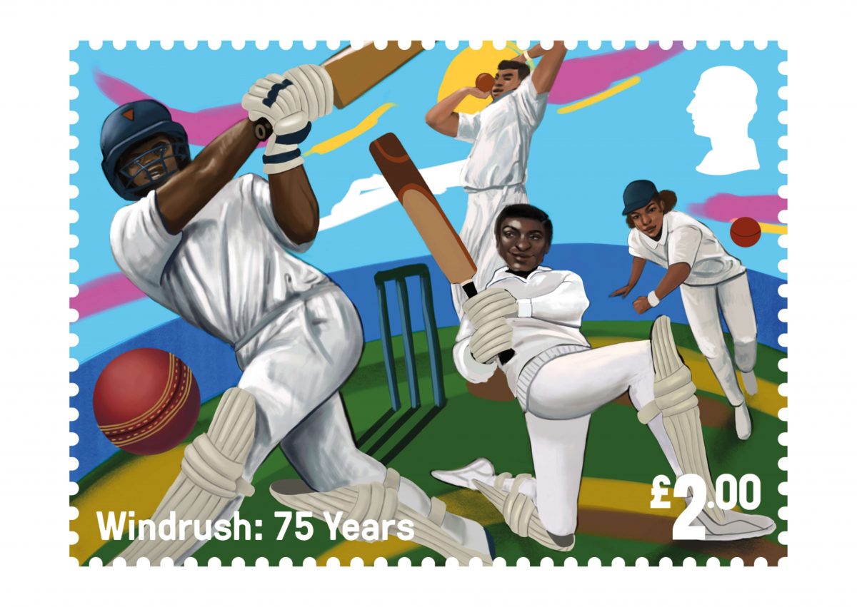 This Cricket themed stamp shows four Black Cricketers in the middle of a game. Two players are holding bats and two are throwing Cricket balls. The Caribbean sky in the background is clear and bright