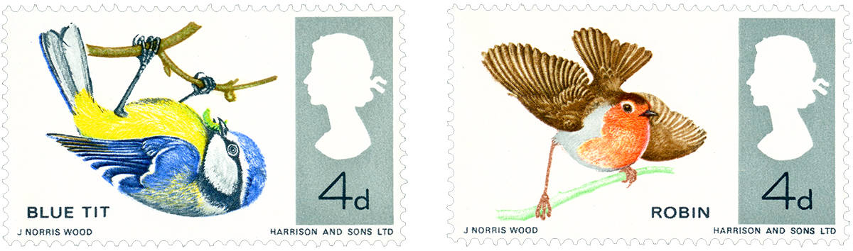 Two stamps with the silhouette of a young Queen Elizabeth II. One stamp features a drawing of a blue tit, and the other shows a red robin.