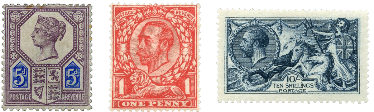 Three stamps.The first stamp on the left is a purple Queen Victoria stamp with tiny lion illustrations and the text '5d Postage Revenue'. The second stamp in the centre is a red, one-penny King George V stamp with a lion illustration. The third stamp on the right is a blue, 10-shilling King George V stamp with an illustration of horses.