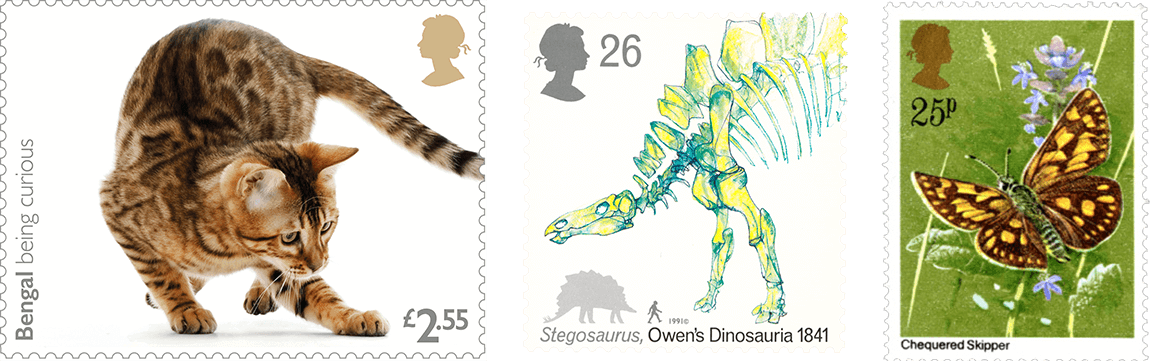 Three stamps featuring a photo of a kitten playing, a drawing of a dinosaur skeleton, and an illustration of a butterfly.
