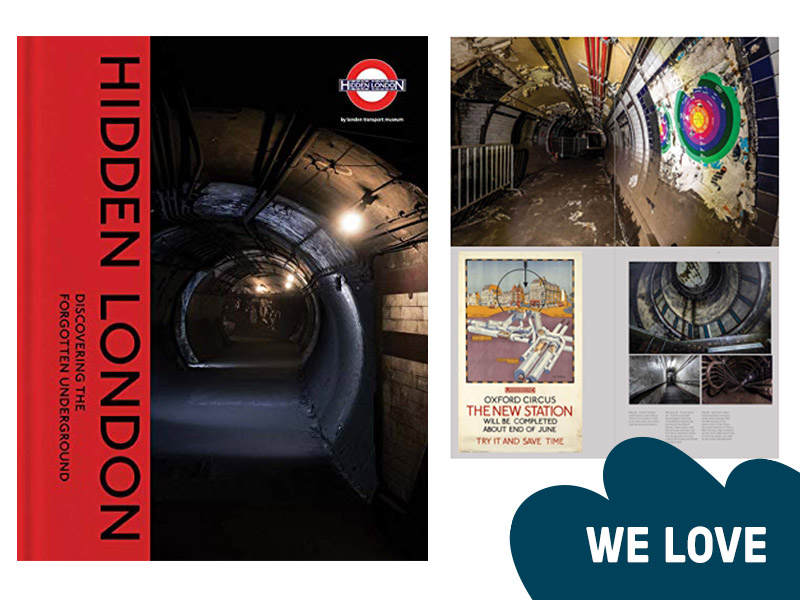 A book with the words 'Hidden London' and photo of underground tunnels on the front cover.