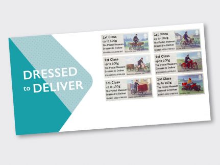 A mock-up of an envelope with six new Post and Go stamps, and the 'Dressed to Deliver' text printed on them.