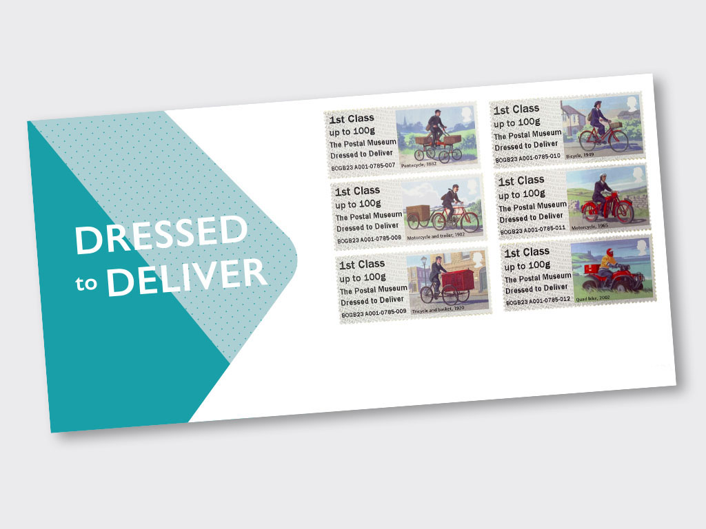 A mock-up of an envelope with six new Post and Go stamps, and the 'Dressed to Deliver' text printed on them.