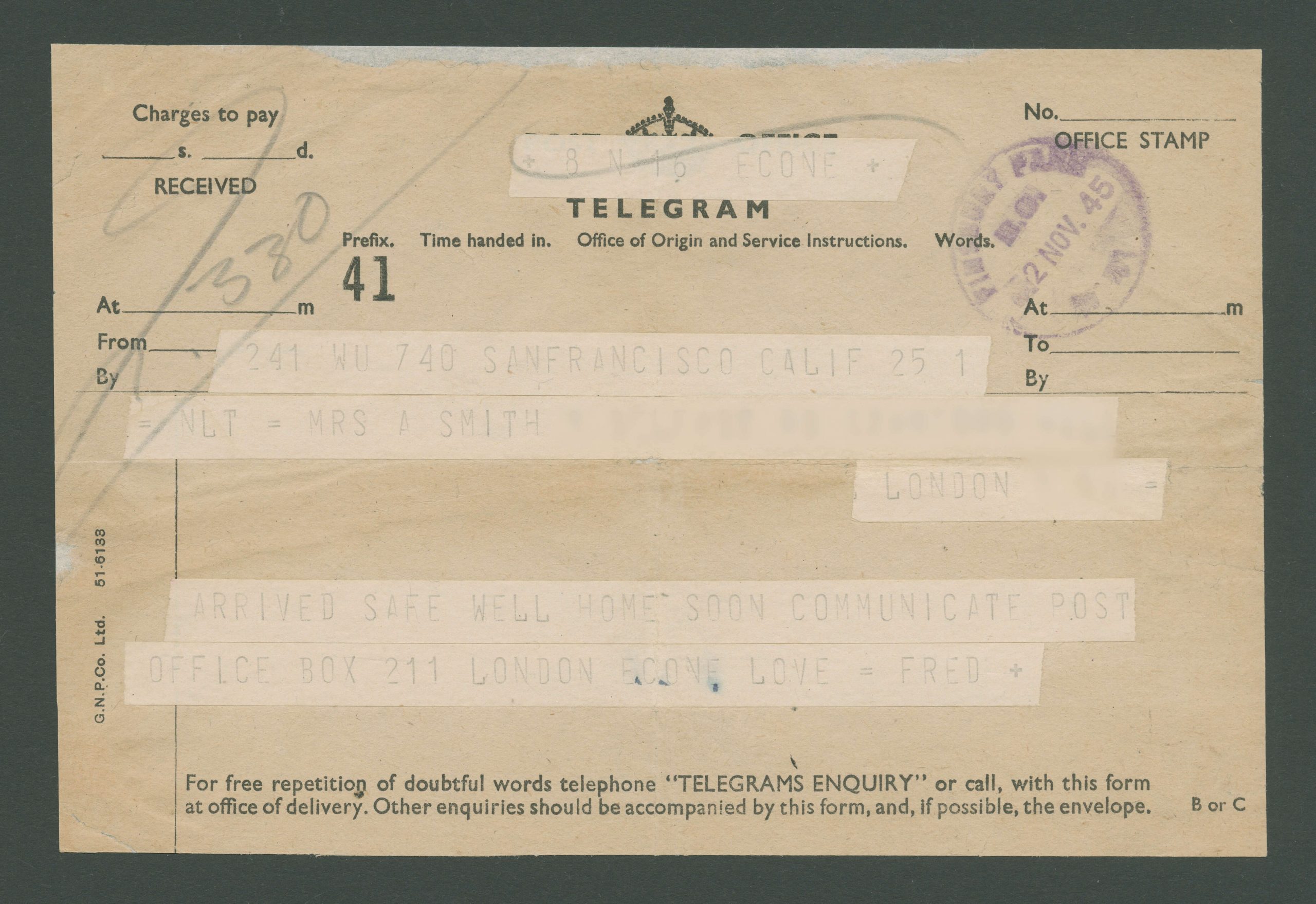 Fred tells his wife that he will be home soon, via this Telegram
