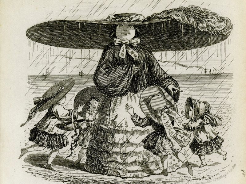 Illustration of children crowding under a woman's immense hat.