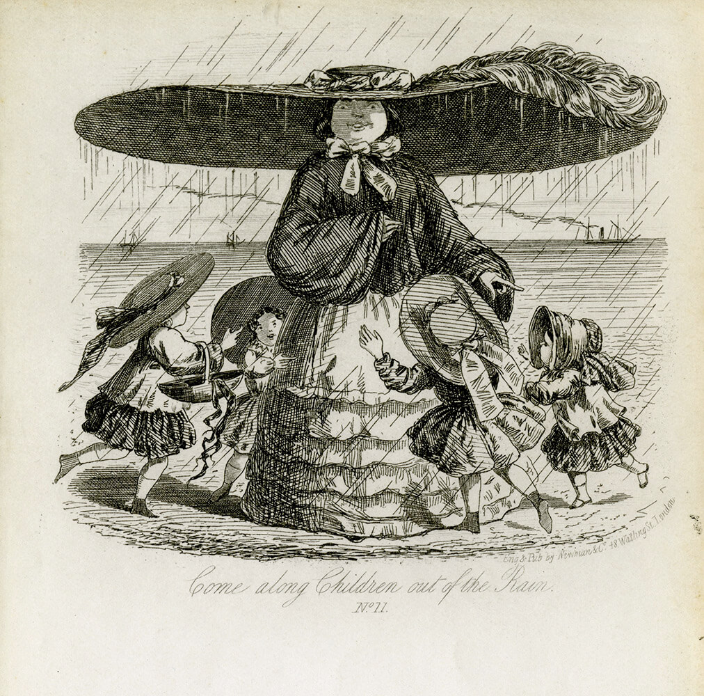 Illustration of children crowding under a woman's immense hat.