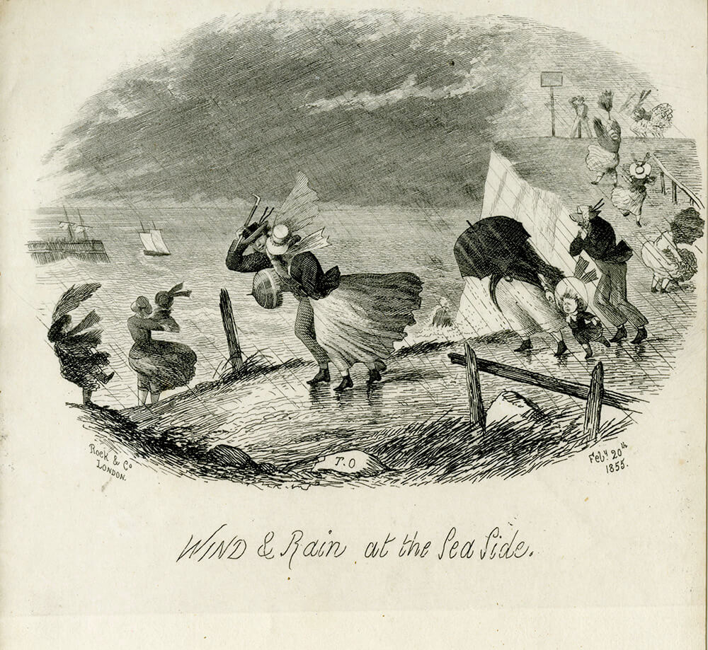 Illustration of people caught in a storm at the seaside.