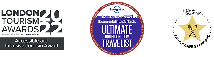 Logos from London Tourism Awards 2022, Ultimate UK Travelist and Kids In Museums Family Cafe Standard