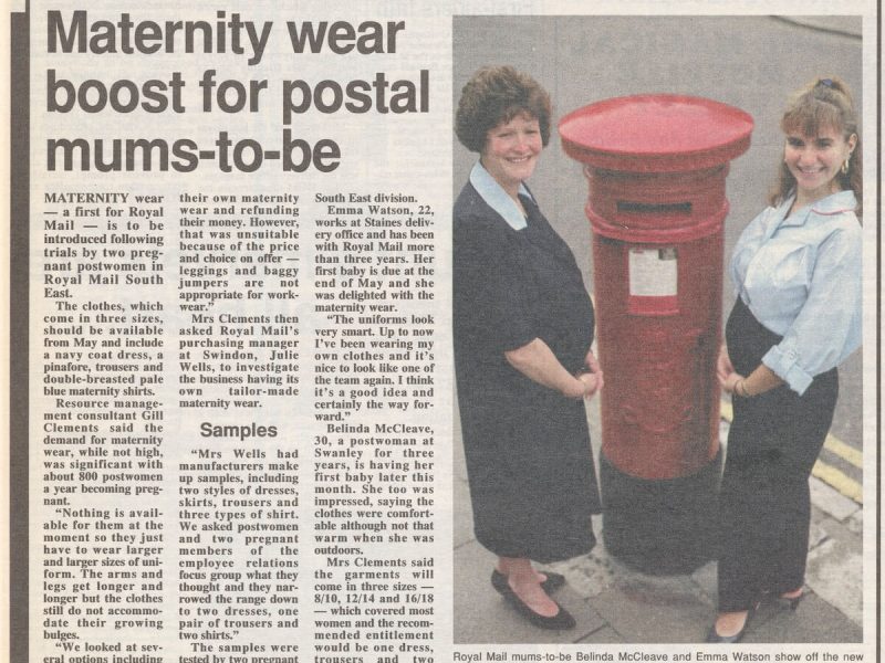 A newspaper article titled 'Maternity wear boost for postal mums-to-be' with the image of two pregnant staff members wearing their new uniforms