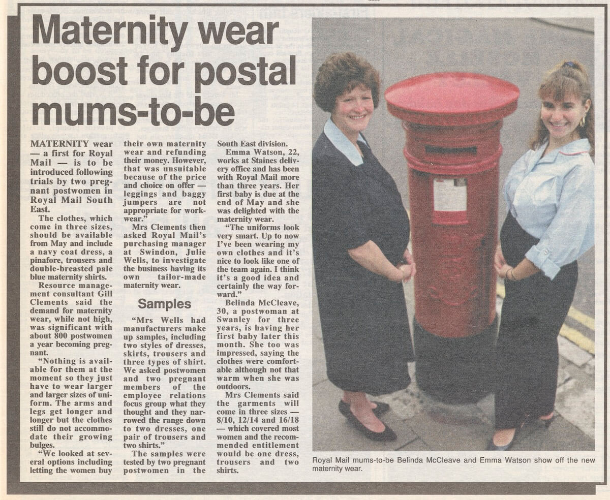A newspaper article titled 'Maternity wear boost for postal mums-to-be' with the image of two pregnant staff members wearing their new uniforms