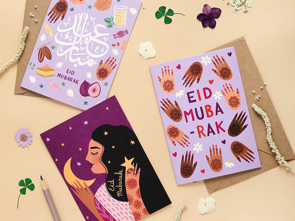 Three cards with the message Eid Mubarak. The cards include different illustrations, from hands decorated with henna, to sweets, mint tea or a women looking at a sky full of stars